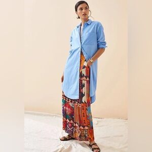 Anthropologie Maeve Maxi Tunic Buttondown in Blue Medium